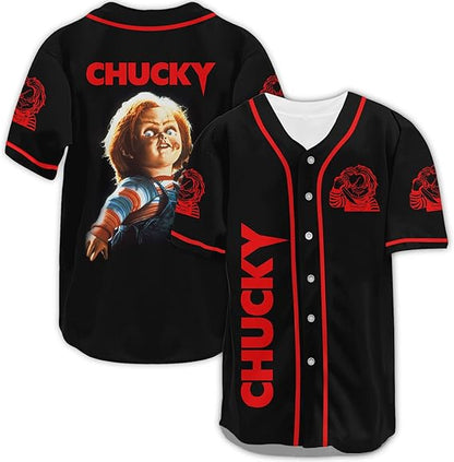 Black Chucky baseball jersey with red trim and killer doll graphic from Child’s Play movie