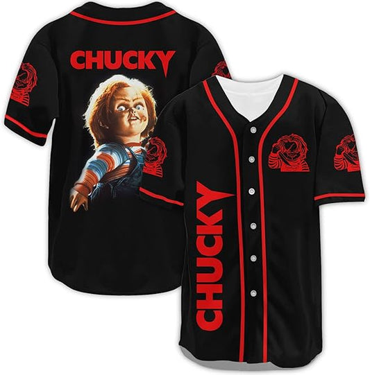 Black Chucky baseball jersey with red trim and killer doll graphic from Child’s Play movie