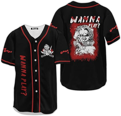 Black Chucky baseball jersey with red piping and “Wanna Play?” slasher artwork and Good Guys theme