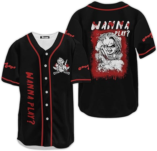 Black Chucky baseball jersey with red piping and “Wanna Play?” slasher artwork and Good Guys theme