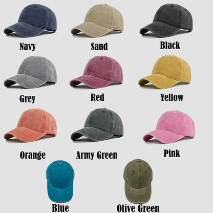 Collection of baseball caps in various colors with labels on a light gray background