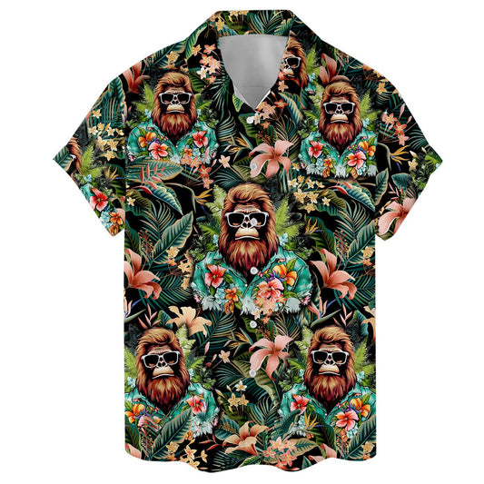 Hawaiian shirt with Bigfoot in floral shirt and sunglasses on tropical background