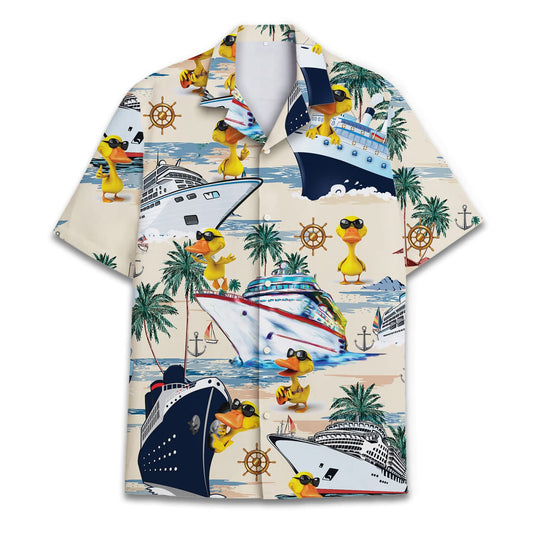 Funny Hawaiian shirt with yellow ducks in sunglasses, cruise ships, and palm trees – perfect for tropical vacations and cruise parties.