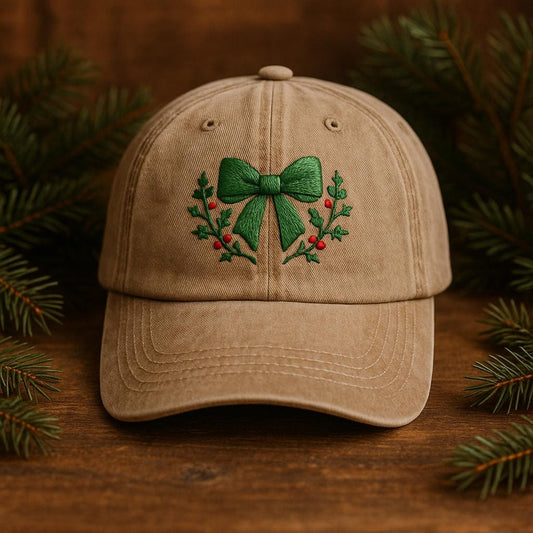 Embroidered Holiday Baseball Cap with Green Bow and Holly Leaves Festive Christmas Hat Gift