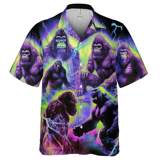 Neon Hawaiian shirt with electric gorillas and lightning storm design
