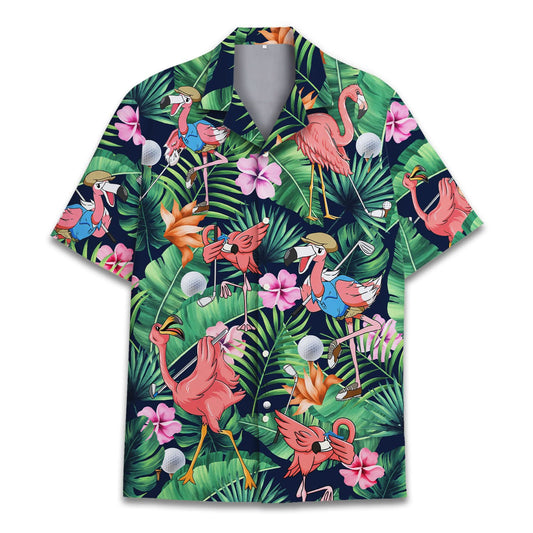 Hawaiian shirt with cartoon flamingos playing golf, surrounded by tropical leaves and flowers – perfect for golfers with personality