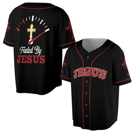 Black and red Christian baseball jersey with “JESUS” front and fuel gauge with cross on the back