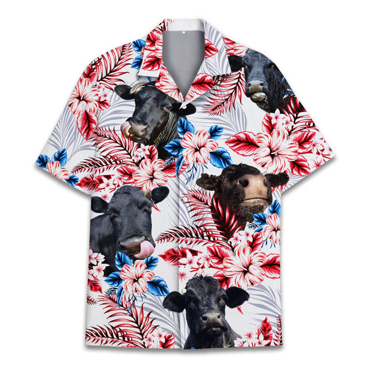 Hawaiian shirt with red and blue hibiscus flowers and funny cow faces
