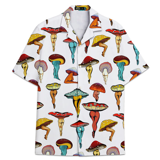 White Hawaiian shirt with humorous mushroom illustrations shaped like female bodies – quirky and artistic summerwear.
