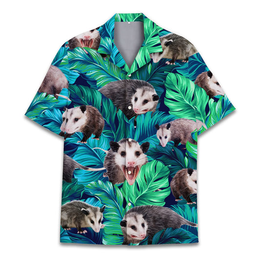 Hawaiian shirt with expressive possum faces and large green tropical leaves – playful and bold summerwear