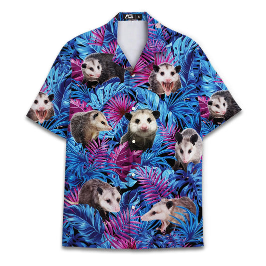 Hawaiian shirt with funny possum faces and neon tropical leaves