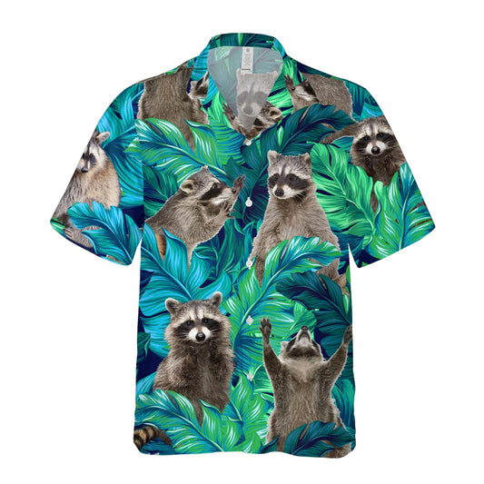 Funny Hawaiian shirt featuring raccoons and large green tropical leaves on a dark background – ideal for summer and animal lovers