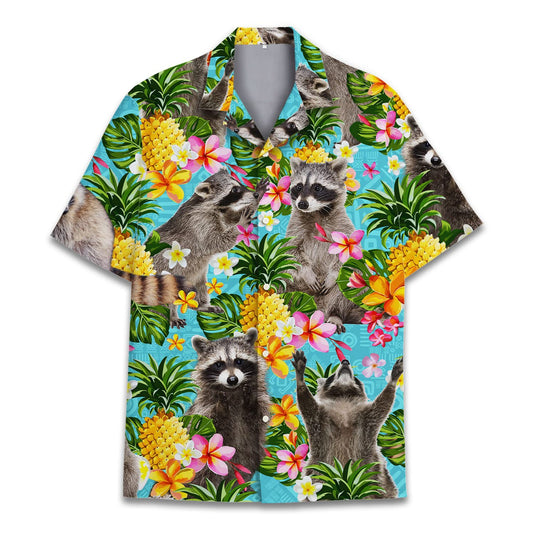 Hawaiian shirt with playful raccoons, pineapples, and tropical flowers on a bright blue background – fun summer beachwear