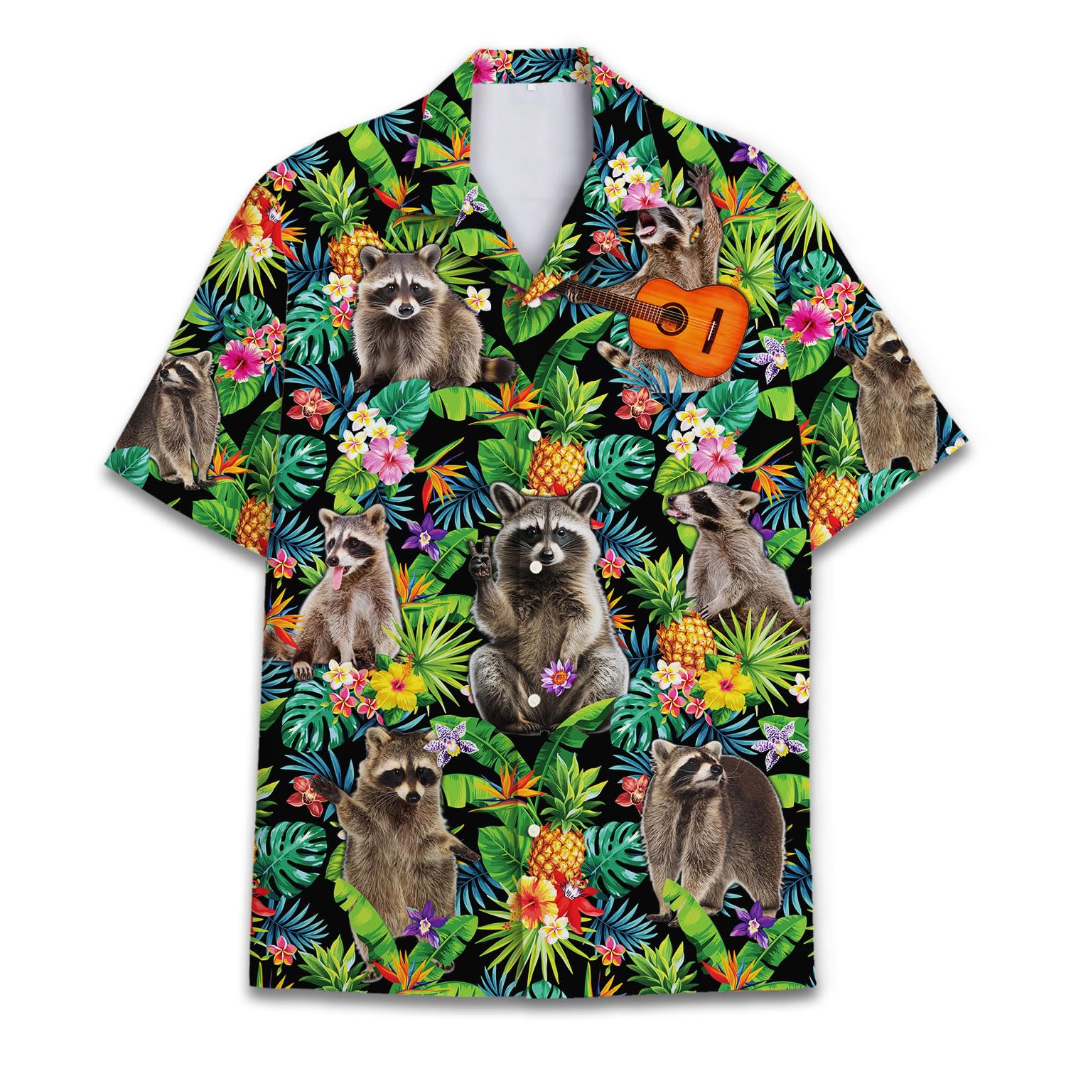 Hawaiian shirt featuring funny raccoons with tropical flowers and pineapples on a jungle leaf background
