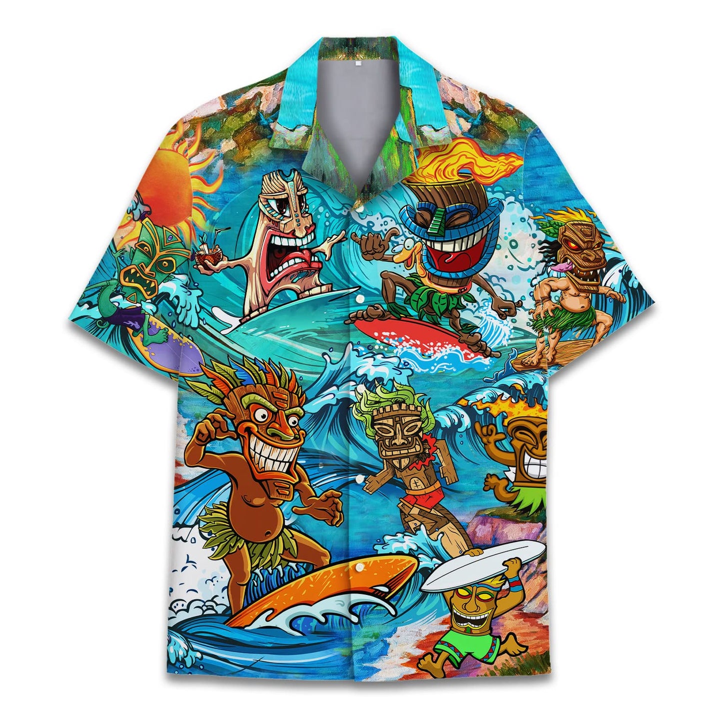 Colorful cartoon Tiki Hawaiian shirt featuring surfing tribal characters, perfect for beachwear and summer parties.
