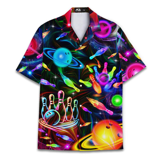 Bowling Hawaiian shirt with neon pins and colorful space galaxy theme – perfect for cosmic bowling fans