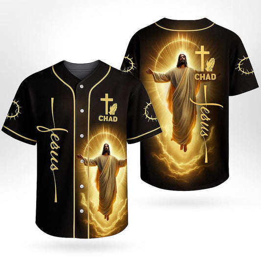 Black Christian jersey with glowing Jesus ascension design and personalized name on front and back
