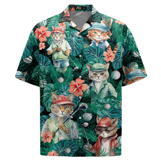 Tropical Hawaiian shirt with illustrated cats in golf outfits among jungle leaves and flowers