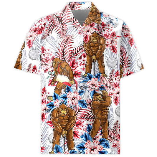 Funny Hawaiian shirt with strong gorilla golfing and tropical flowers