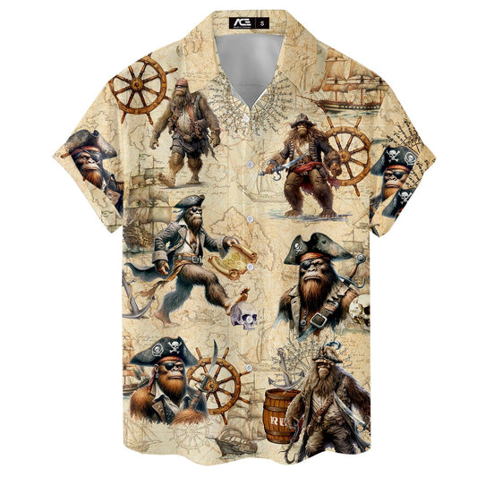 Funny gorilla pirate Hawaiian shirt with vintage treasure map and ships