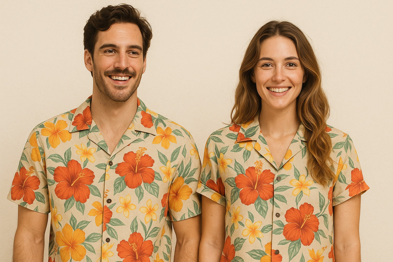 Smiling couple wearing matching floral Hawaiian shirts, standing in front of a neutral background – relaxed tropical fashion for summer vibes