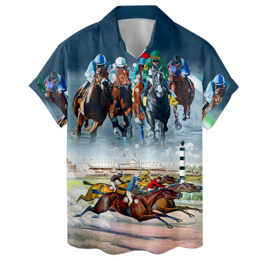 Hawaiian shirt featuring horse racing scene with jockeys and galloping thoroughbreds at the racecourse.