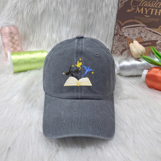 Magic Book Embroidered Hat – Fantasy Gray Washed Cap