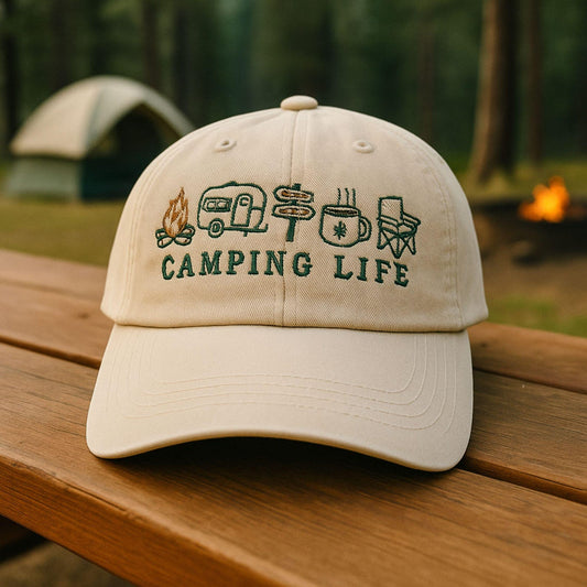 Camping Life Embroidered Dad Hat – Beige Outdoor Adventure Cap