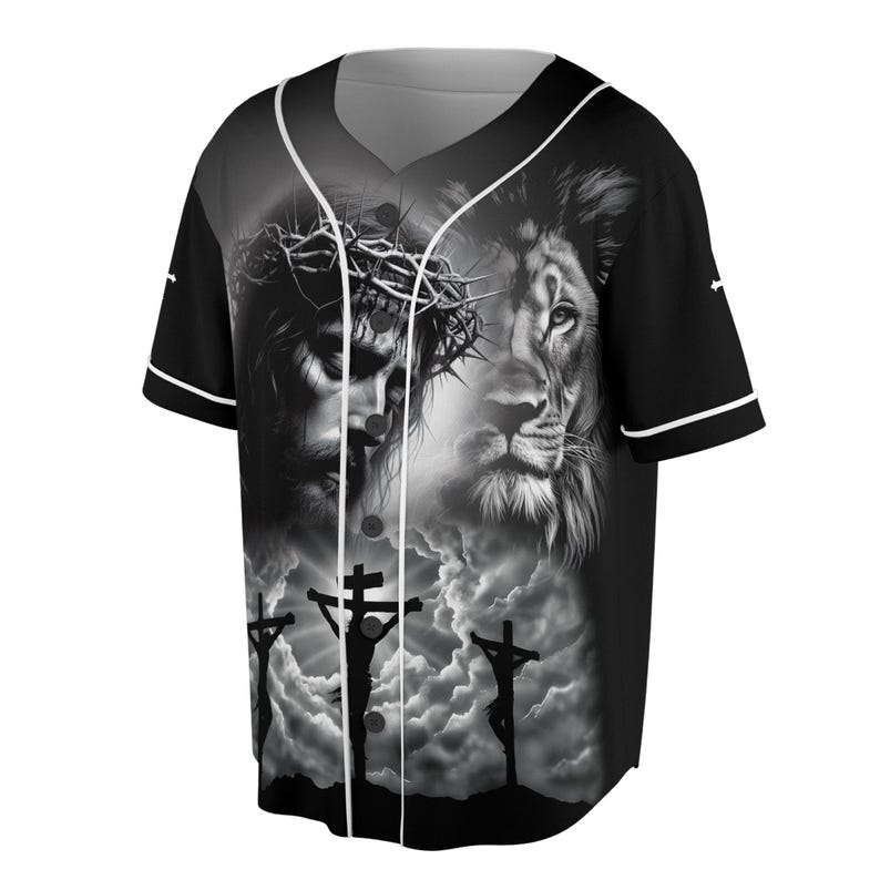 Jesus and the Lion Baseball Jersey – Crown of Thorns & Crosses – Christian Faith Shirt