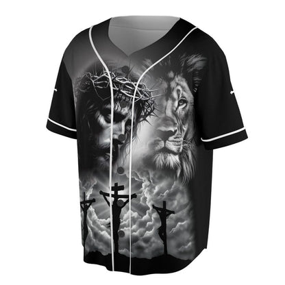 Jesus and the Lion Baseball Jersey – Crown of Thorns & Crosses – Christian Faith Shirt