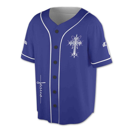 Jesus Blue Baseball Jersey – Crucifixion Graphic Shirt – Christian Faith Apparel for Believers