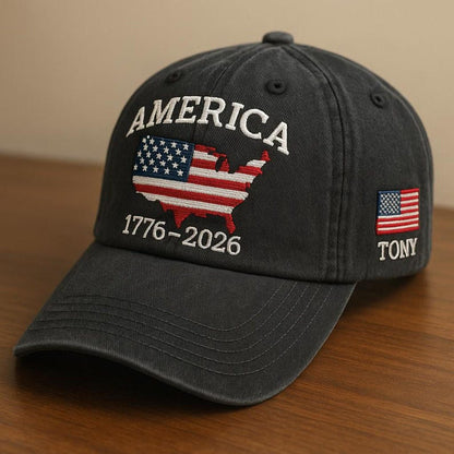 Patriotic America 1776–2026 Embroidered Hat, USA Flag Map Baseball Cap, 250th Anniversary Edition