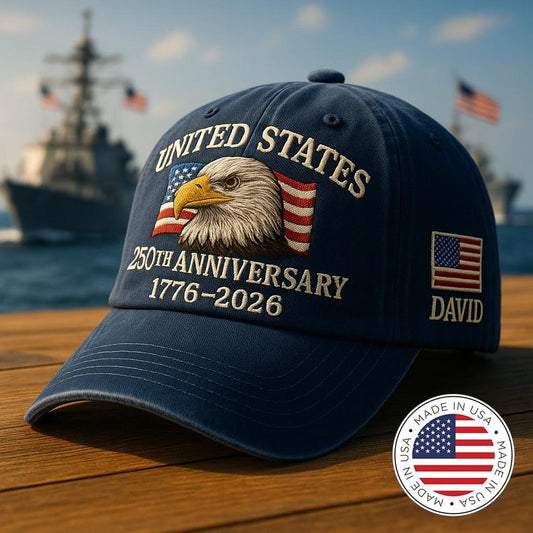 Custom Name United States 250th Anniversary Hat – 1776–2026 Patriotic Eagle Cap, Custom Embroidered USA Flag Veteran Gift Made in America