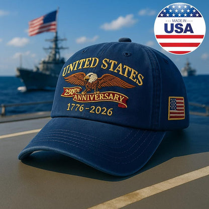 Custom Name United States 250th Anniversary Hat 1776–2026 Eagle Embroidered Navy Blue Patriotic Cap American Flag Gift Made in USA