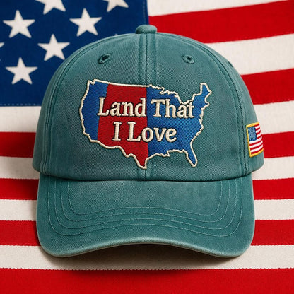 Land That I Love Embroidered Dad Cap, USA Map Patriotic Hat, American Continent Outline, American Pride Souvenir Gift Cap