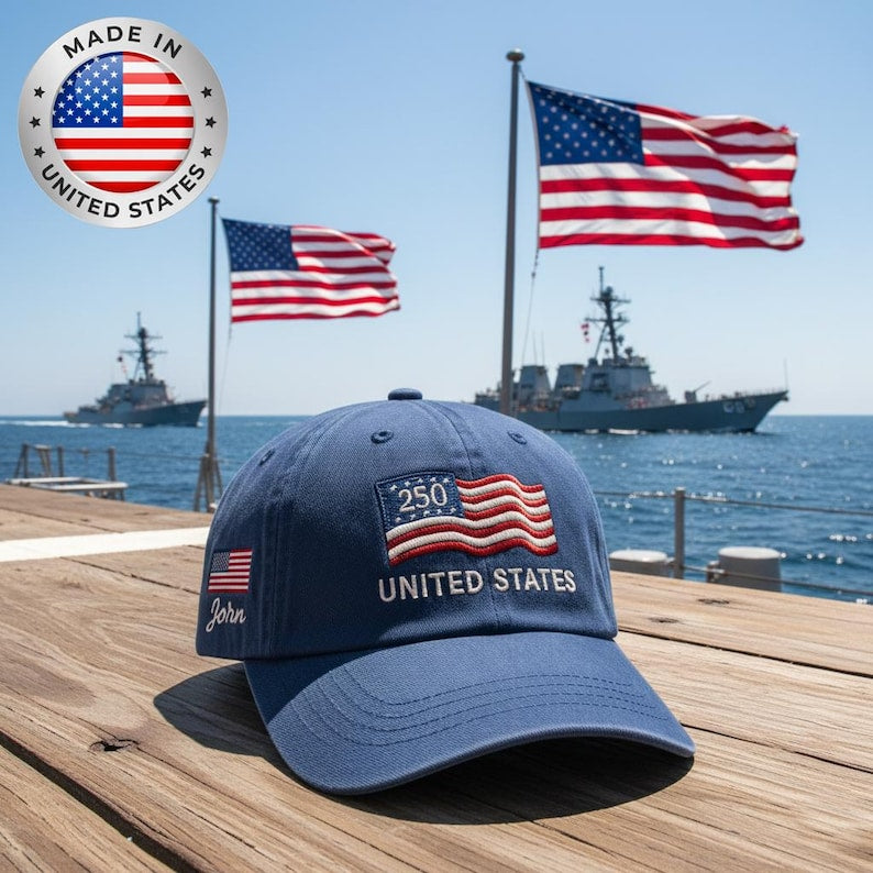 Custom Name United States 250th Anniversary Hat Embroidered USA Flag Patriotic Cap, Custom Cotton Twill Adjustable Dad Hat for Men Women