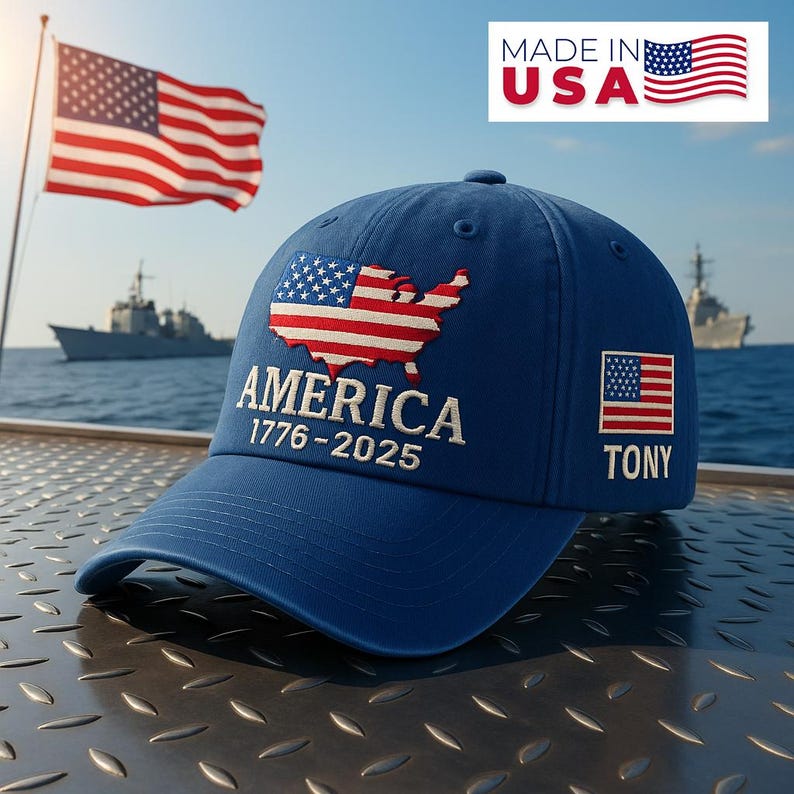 Custom Name America 1776–2025 Embroidered Hat USA Map Patriotic Flag Cap Made in USA Gift for Veterans Independence
