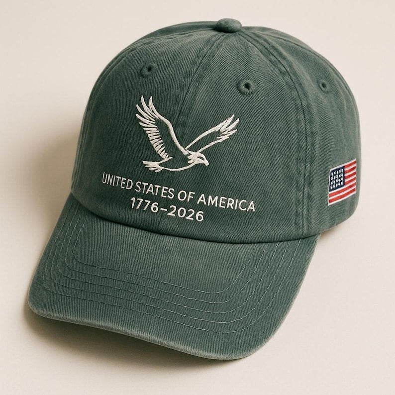 Embroidered Flying Eagle Cap, USA 1776-2026 Wash Dad Hat, Patriotic Bald Eagle Hat, American History Gift