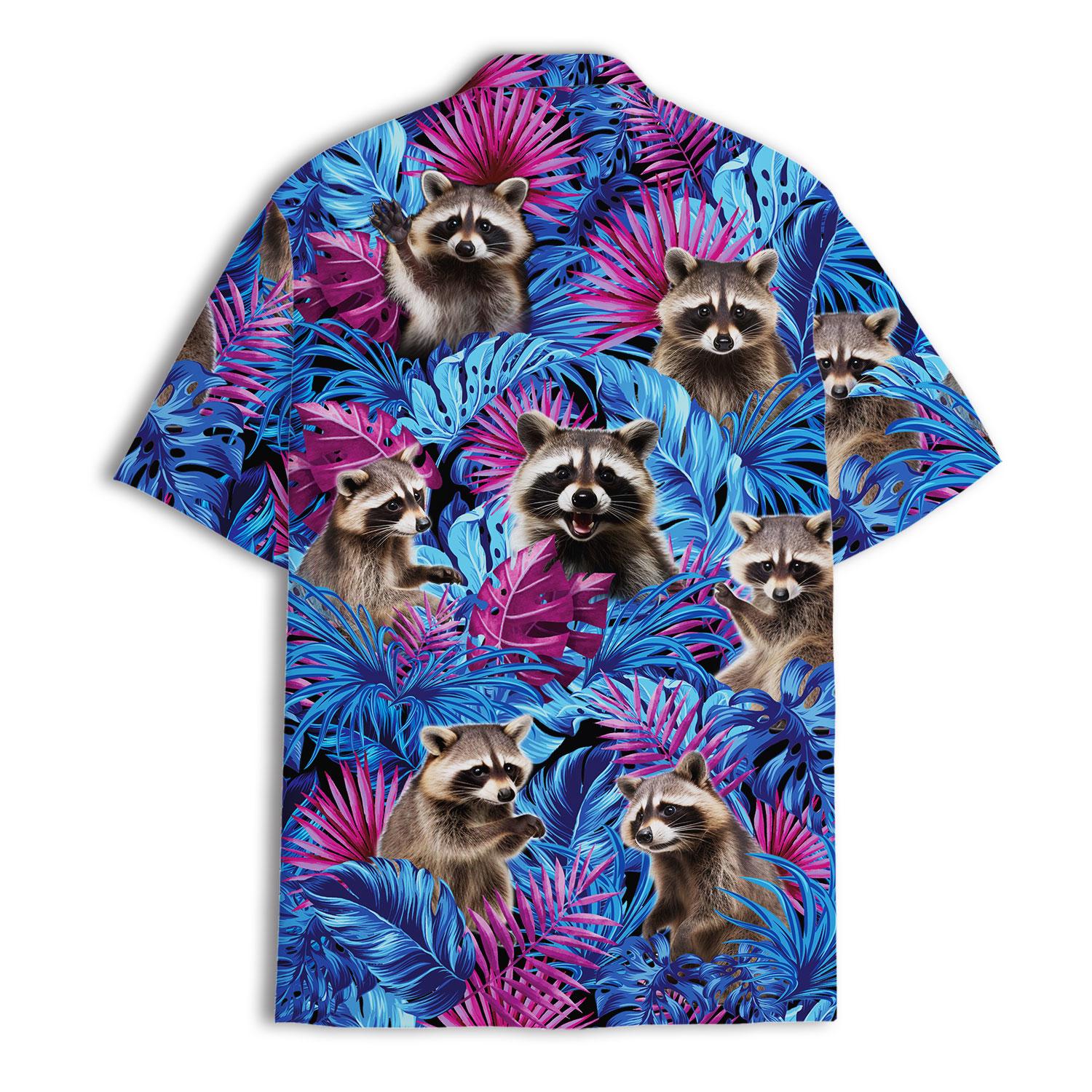 Blue short-sleeve Hawaiian shirt with repeated raccoon jungle design
