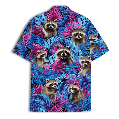 Blue short-sleeve Hawaiian shirt with repeated raccoon jungle design