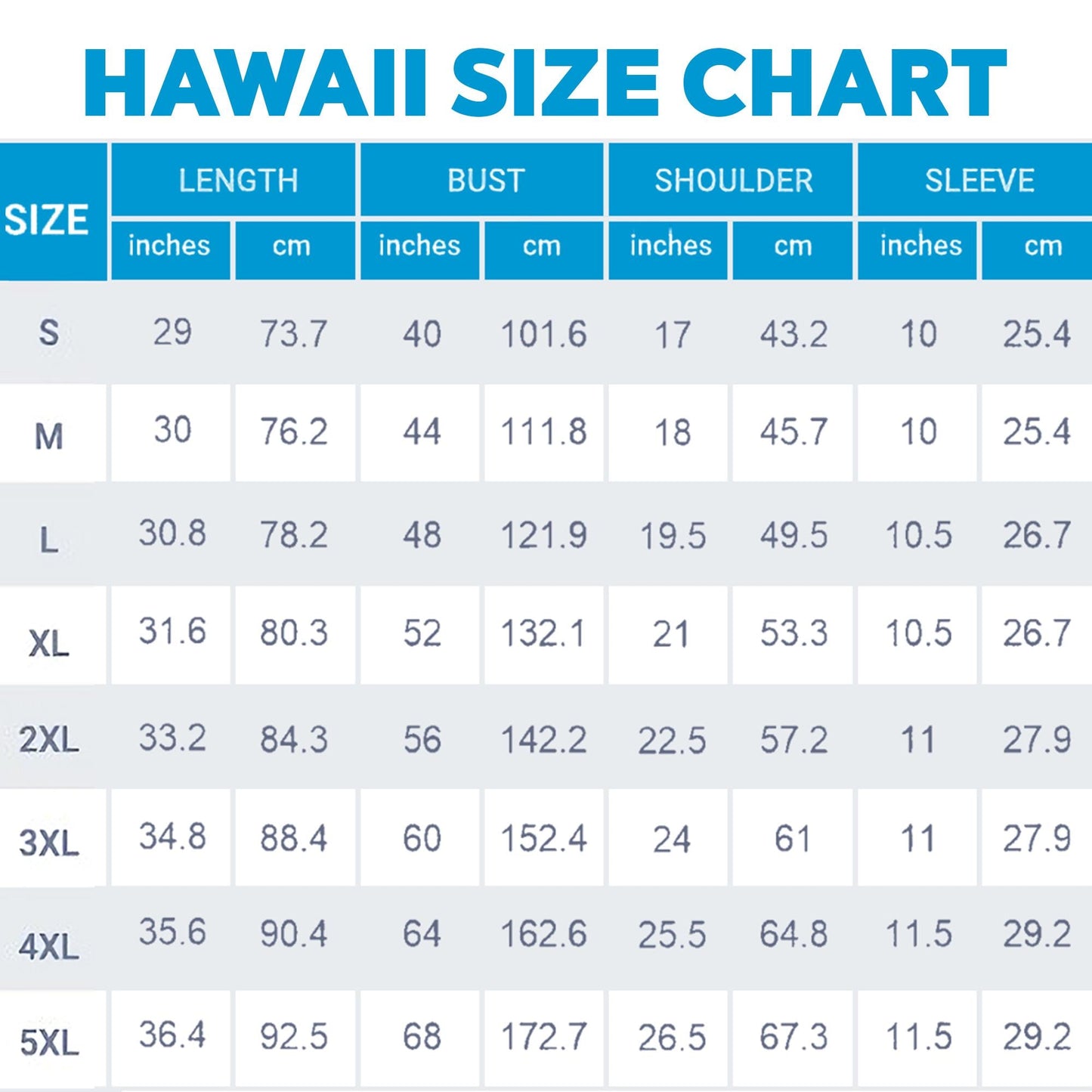 Hawaiian shirt size chart showing sizes S through 5XL