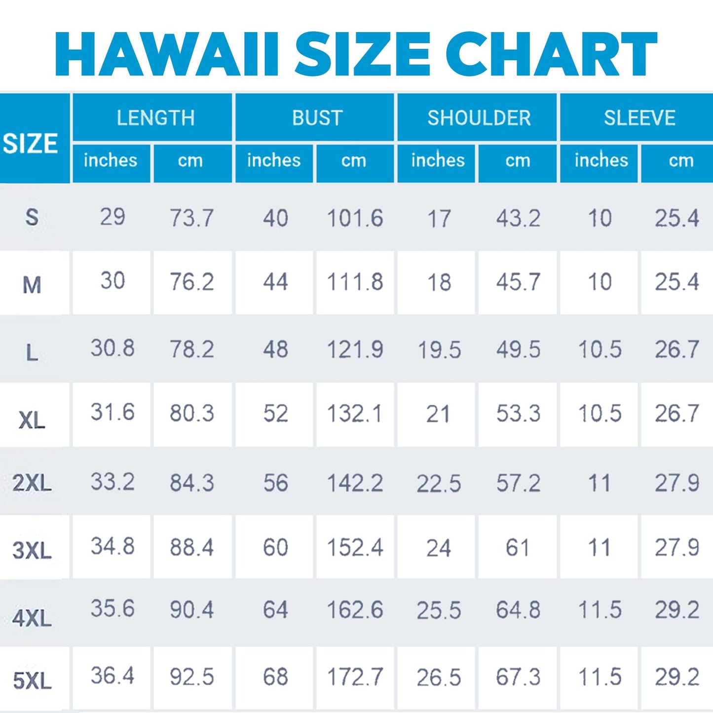 Hawaiian shirt size chart with length, bust, shoulder, and sleeve measurements