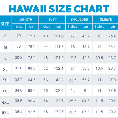 Hawaiian shirt size chart with length, bust, shoulder, and sleeve measurements