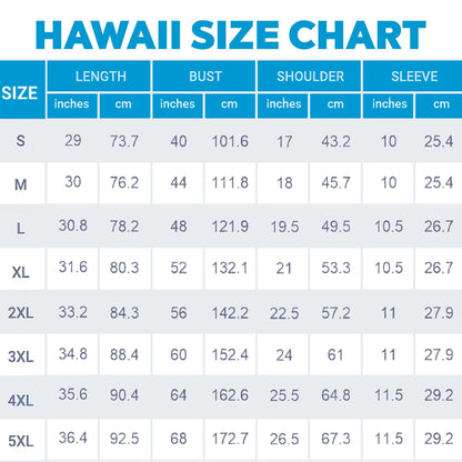 Hawaiian shirt size chart showing measurements from S through 5XL