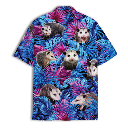 Front view showing the all-over opossum and tropical leaf print