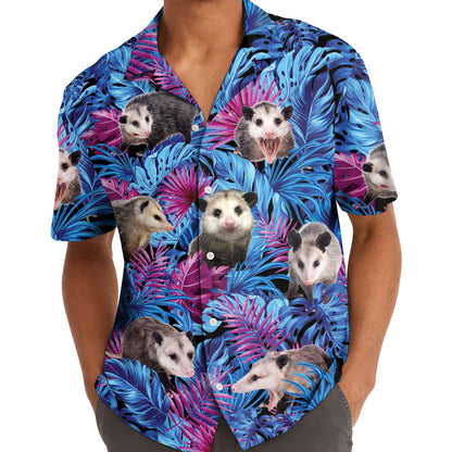Model wearing the blue opossum Hawaiian shirt outdoors