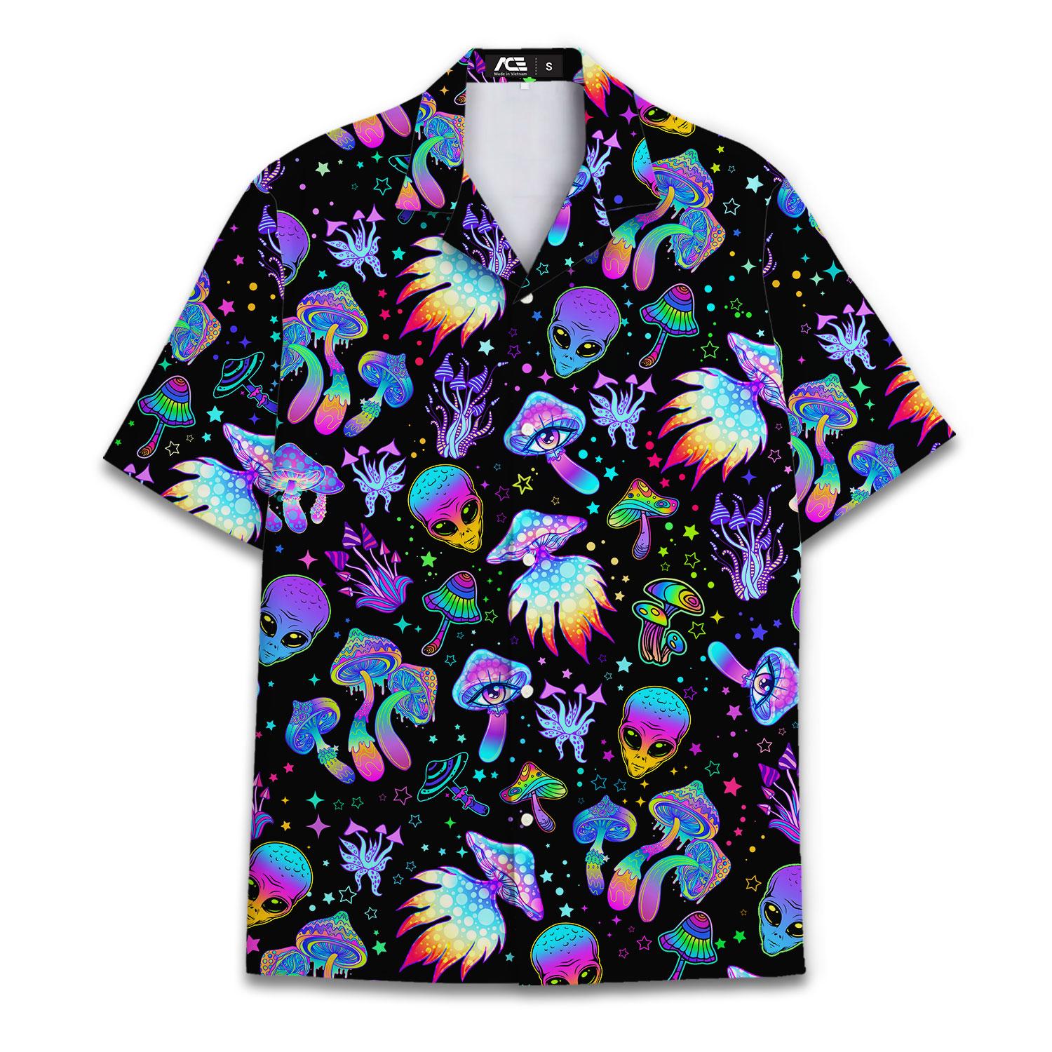 Front view of black Hawaiian shirt with neon aliens, mushrooms and psychedelic fantasy print