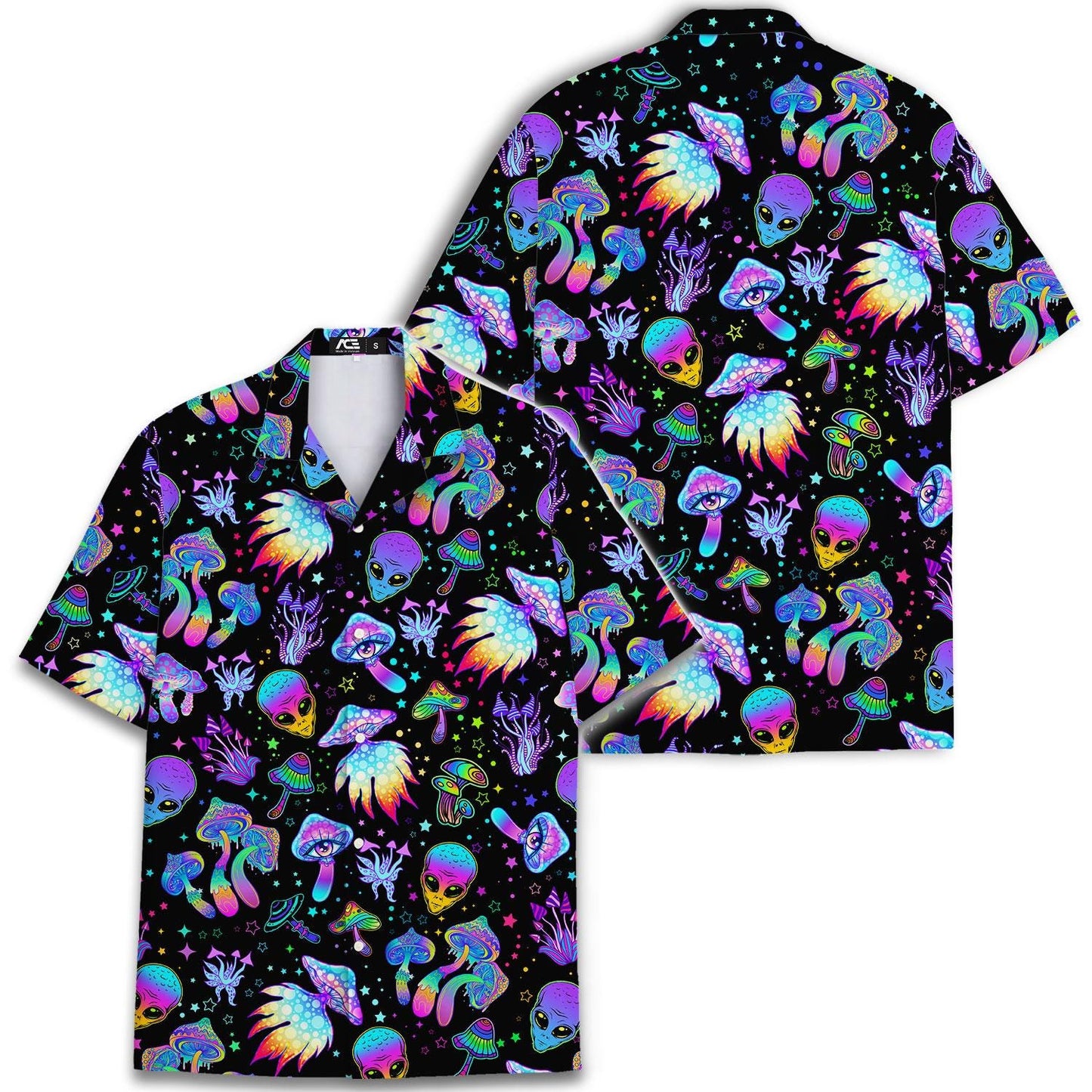 Front and back views of colorful alien and mushroom Hawaiian shirt