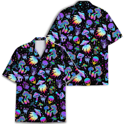 Front and back views of colorful alien and mushroom Hawaiian shirt
