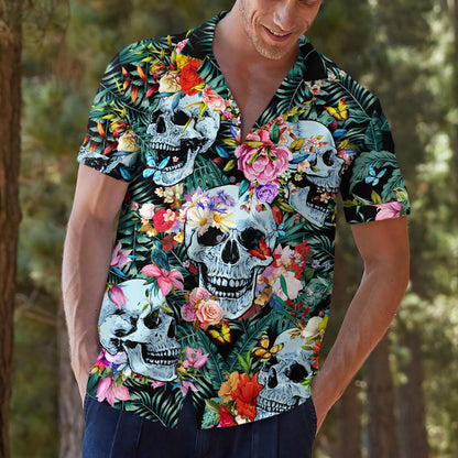 Model wearing skull floral Hawaiian shirt outdoors